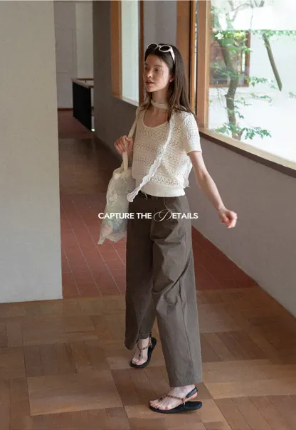 Openwork Crochet Knit Short Sleeve Sweater