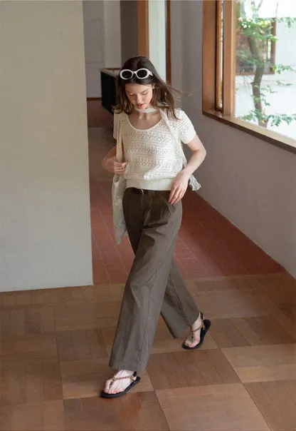 Openwork Crochet Knit Short Sleeve Sweater