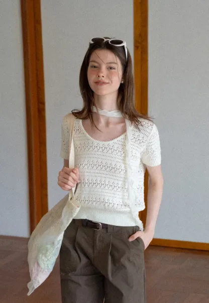 Openwork Crochet Knit Short Sleeve Sweater