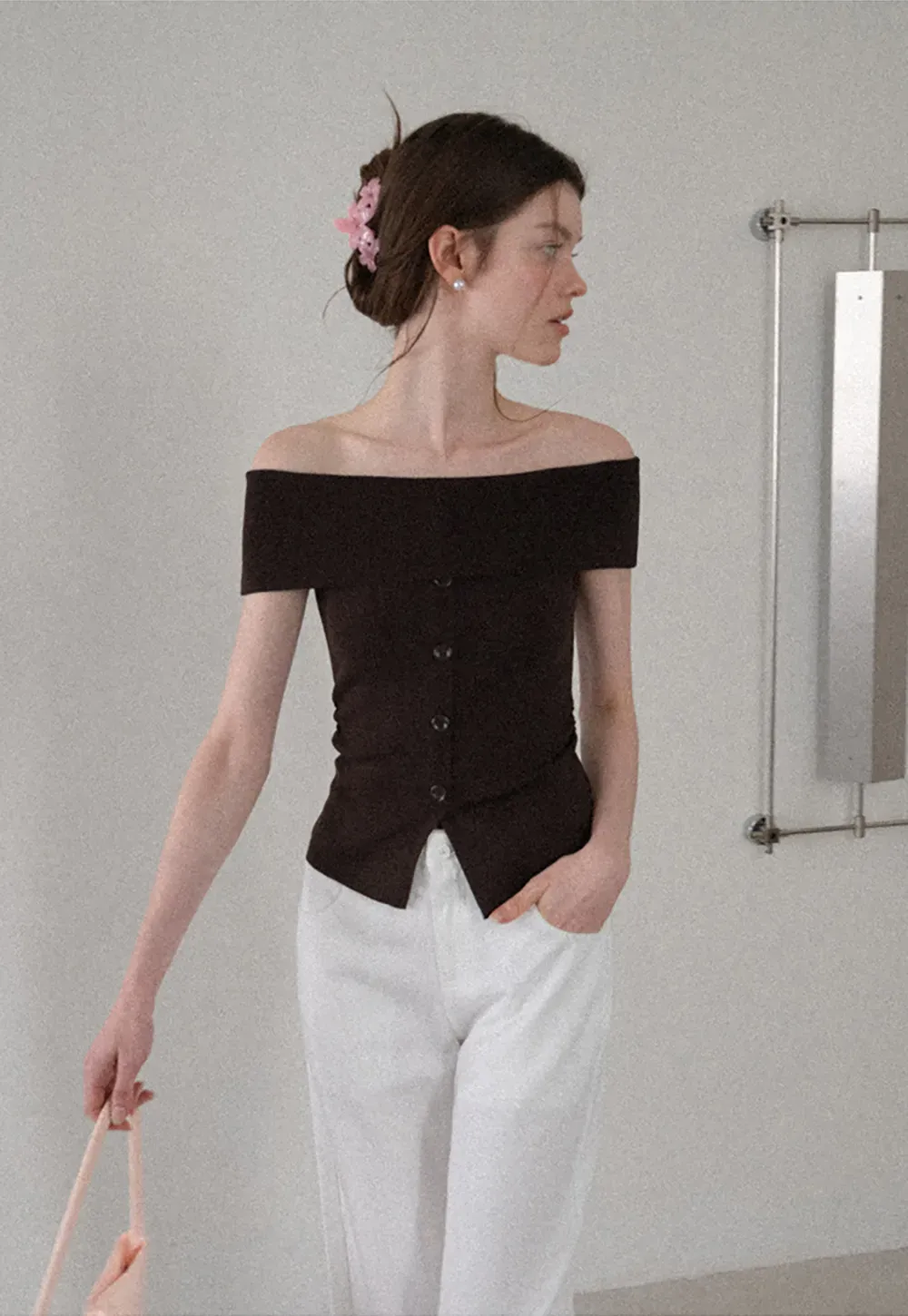Off Shoulder Cutout Woolen Knit Sweater