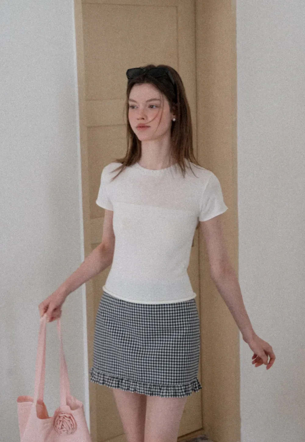 Sheer Panel Ribbed Knit Short Sleeve Top