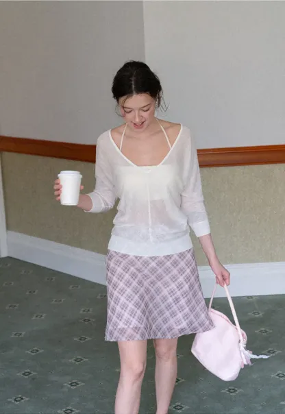 Sheer V Neck Long Sleeve Knit Sweater