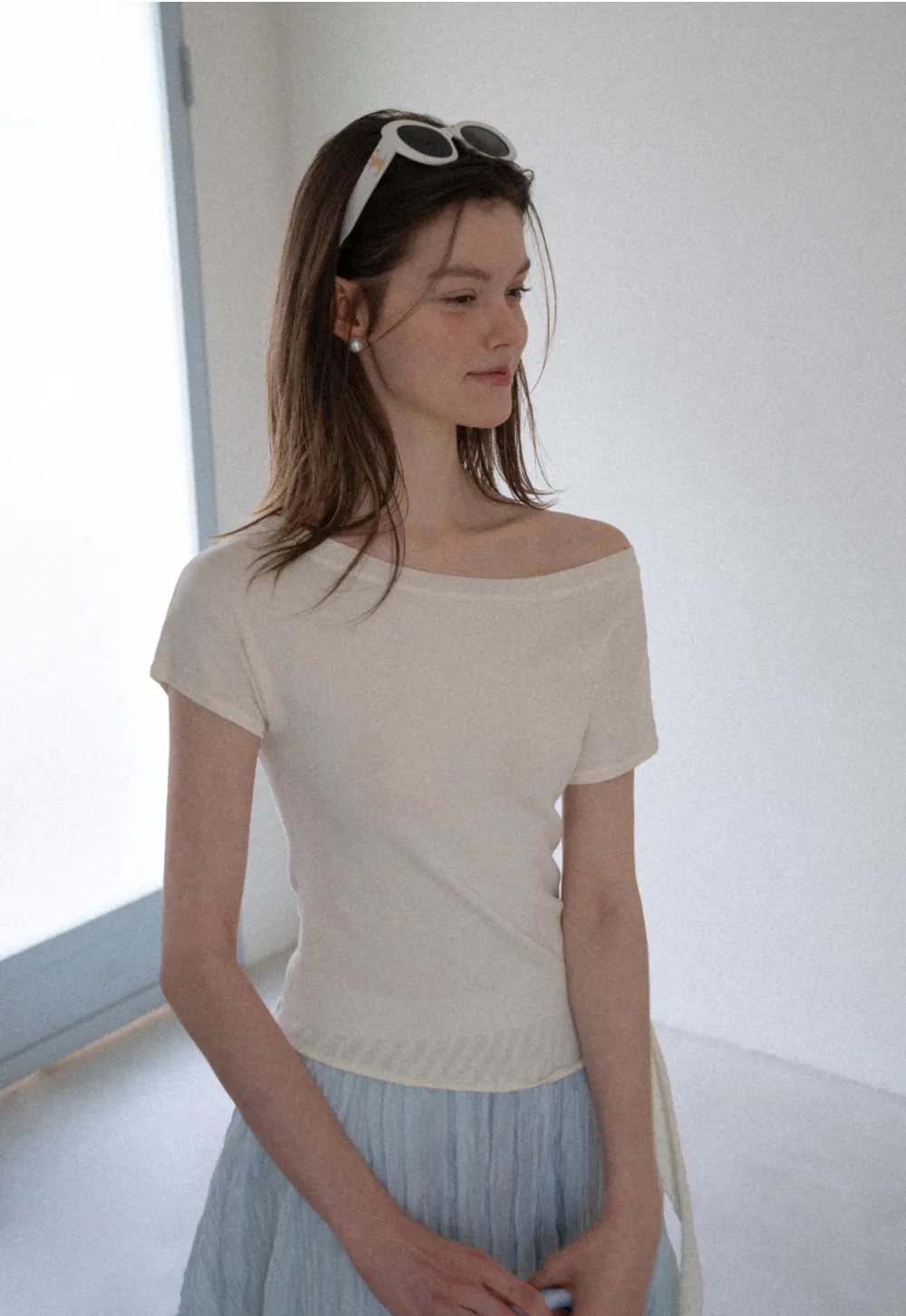 Off Shoulder Ribbed Hem Knit Sweater