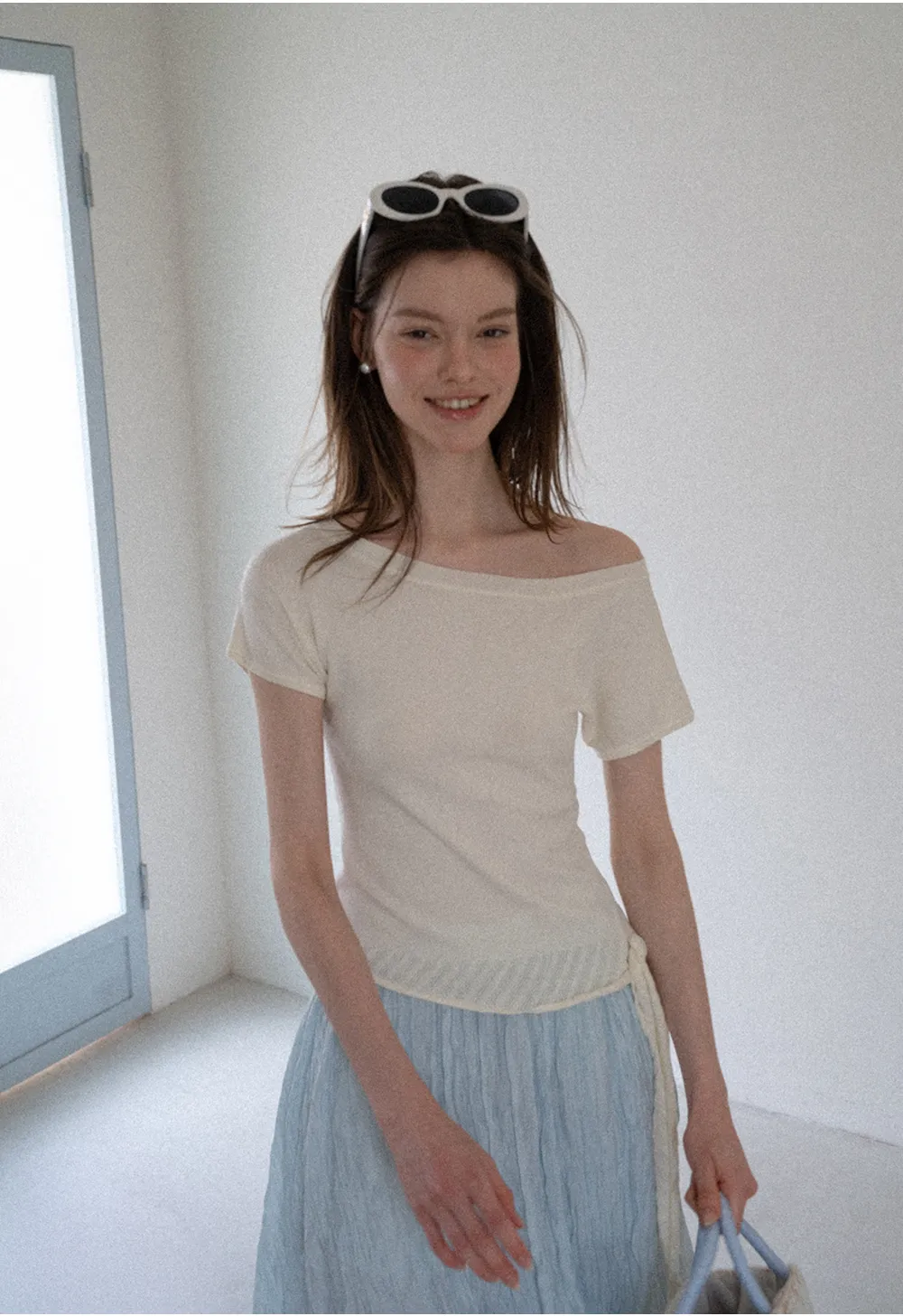 Off Shoulder Ribbed Hem Knit Sweater