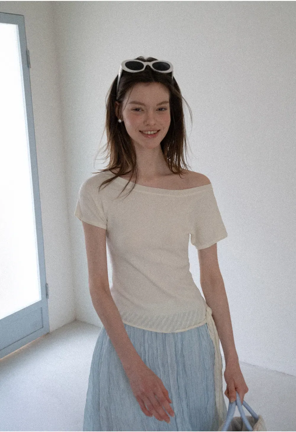 Off Shoulder Ribbed Hem Knit Sweater