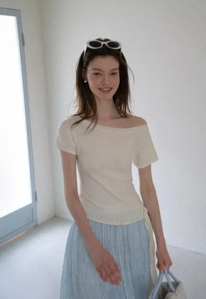 Off Shoulder Ribbed Hem Knit Sweater