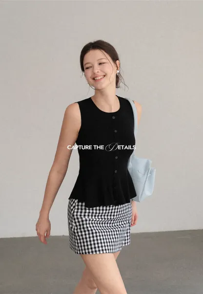 Peplum Hem Button Front Knit Sleeveless Top
