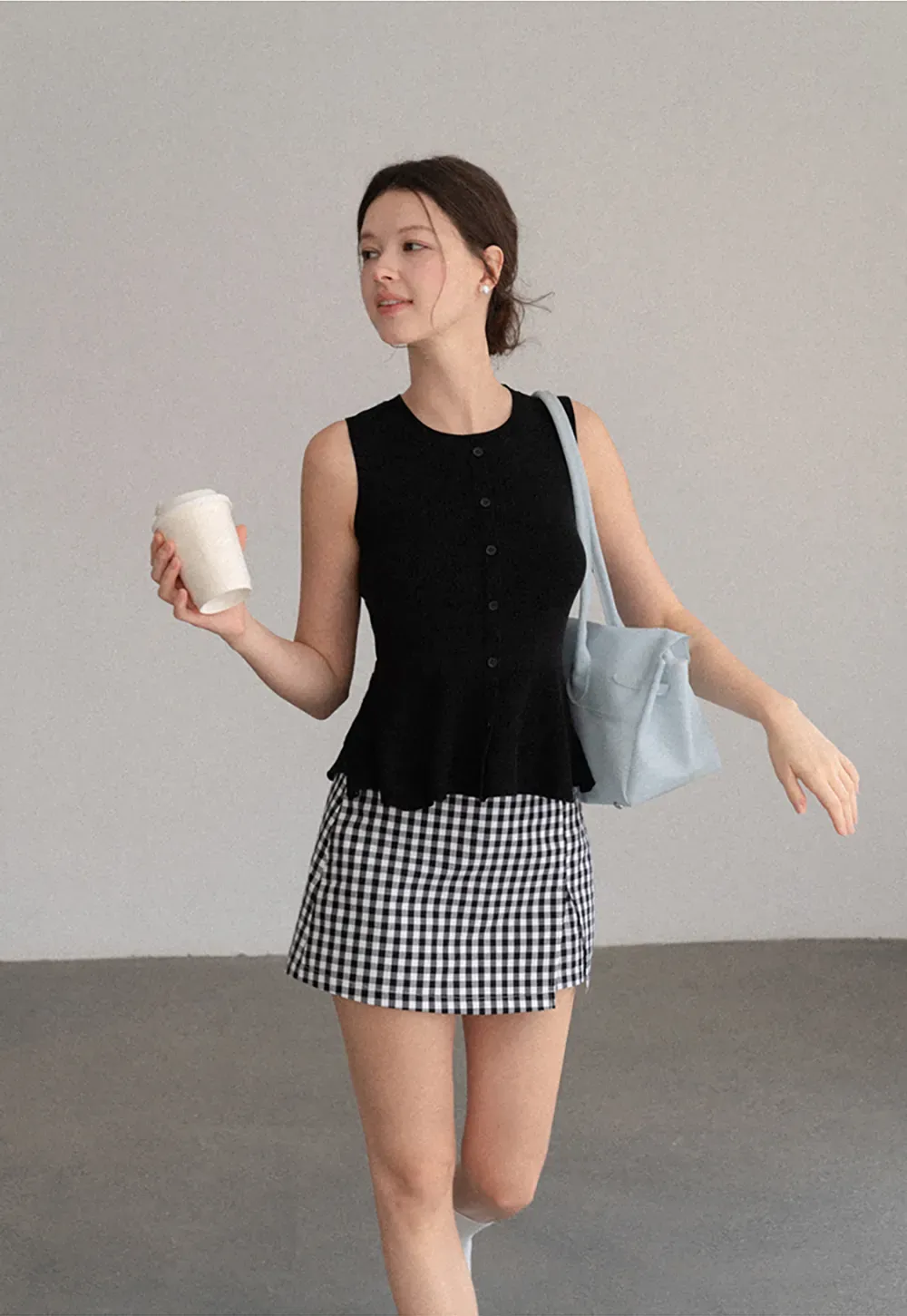 Peplum Hem Button Front Knit Sleeveless Top