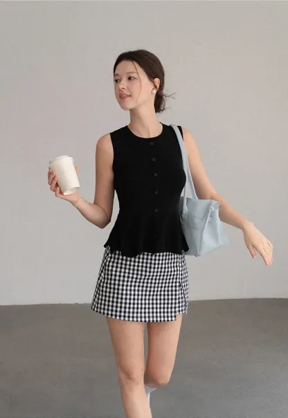 Peplum Hem Button Front Knit Sleeveless Top