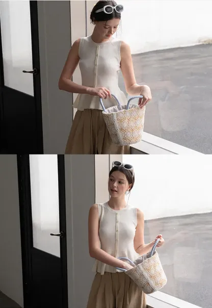 Peplum Hem Button Front Knit Sleeveless Top