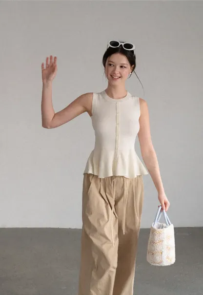 Peplum Hem Button Front Knit Sleeveless Top