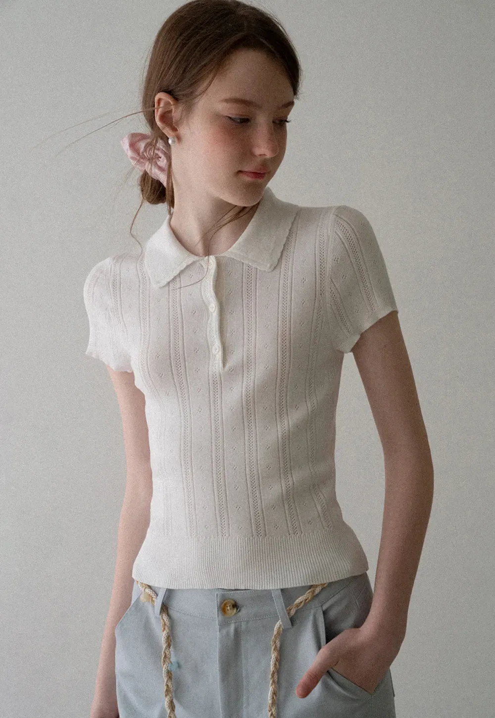 Polo Collar Short Sleeve Ribbed Knit Sweater