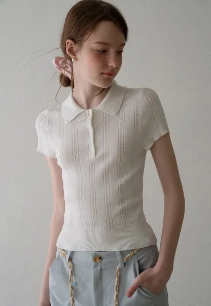 Polo Collar Short Sleeve Ribbed Knit Sweater