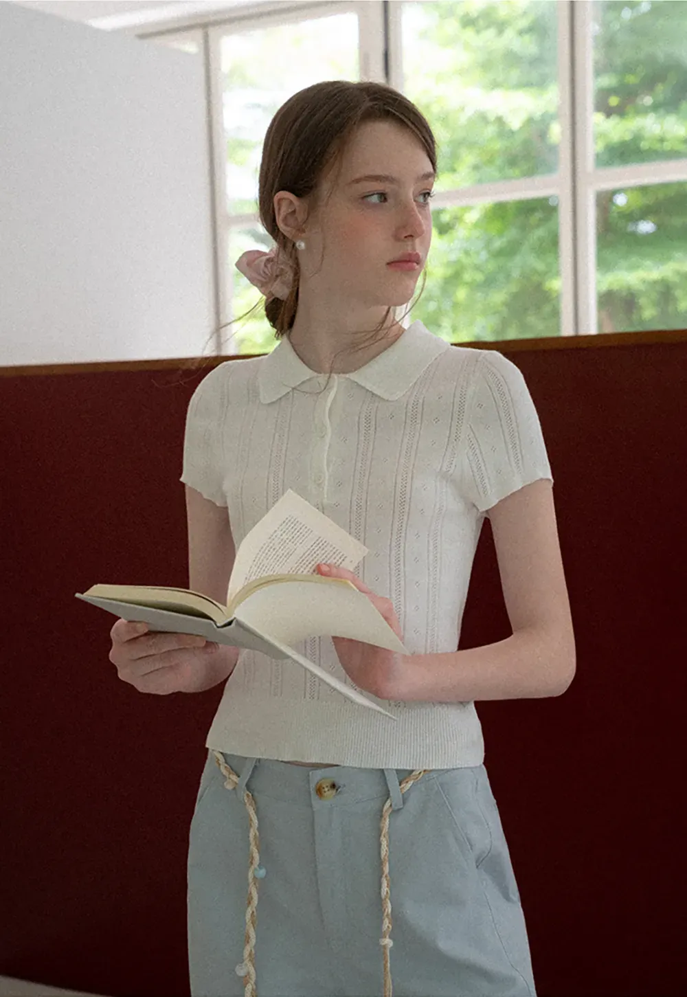 Polo Collar Short Sleeve Ribbed Knit Sweater
