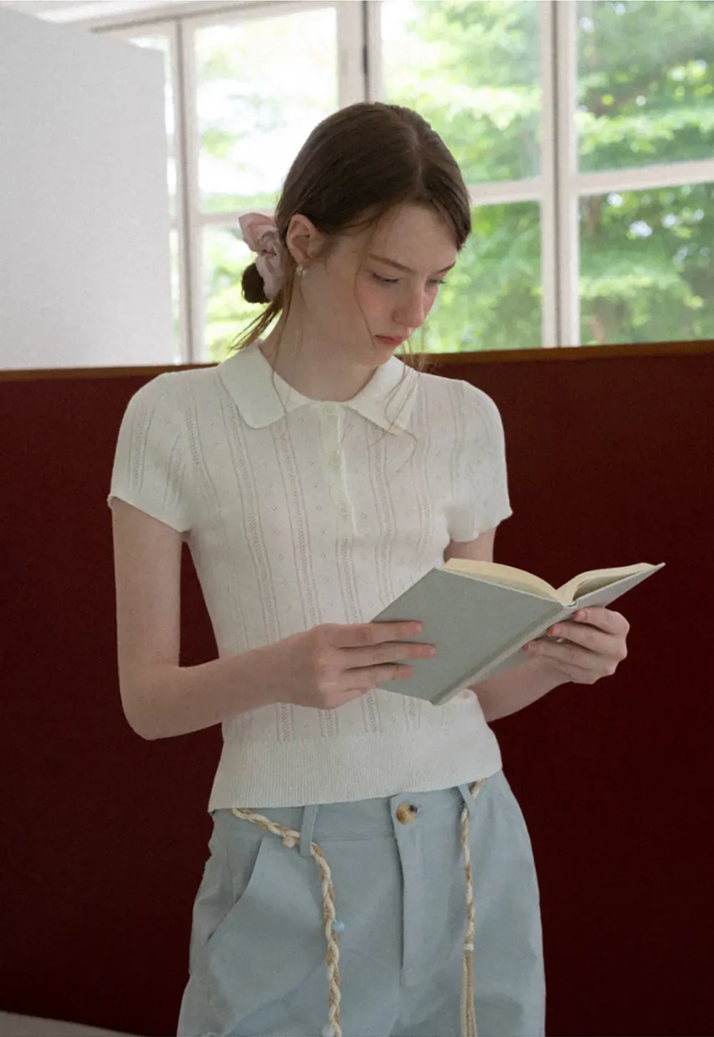 Polo Collar Short Sleeve Ribbed Knit Sweater