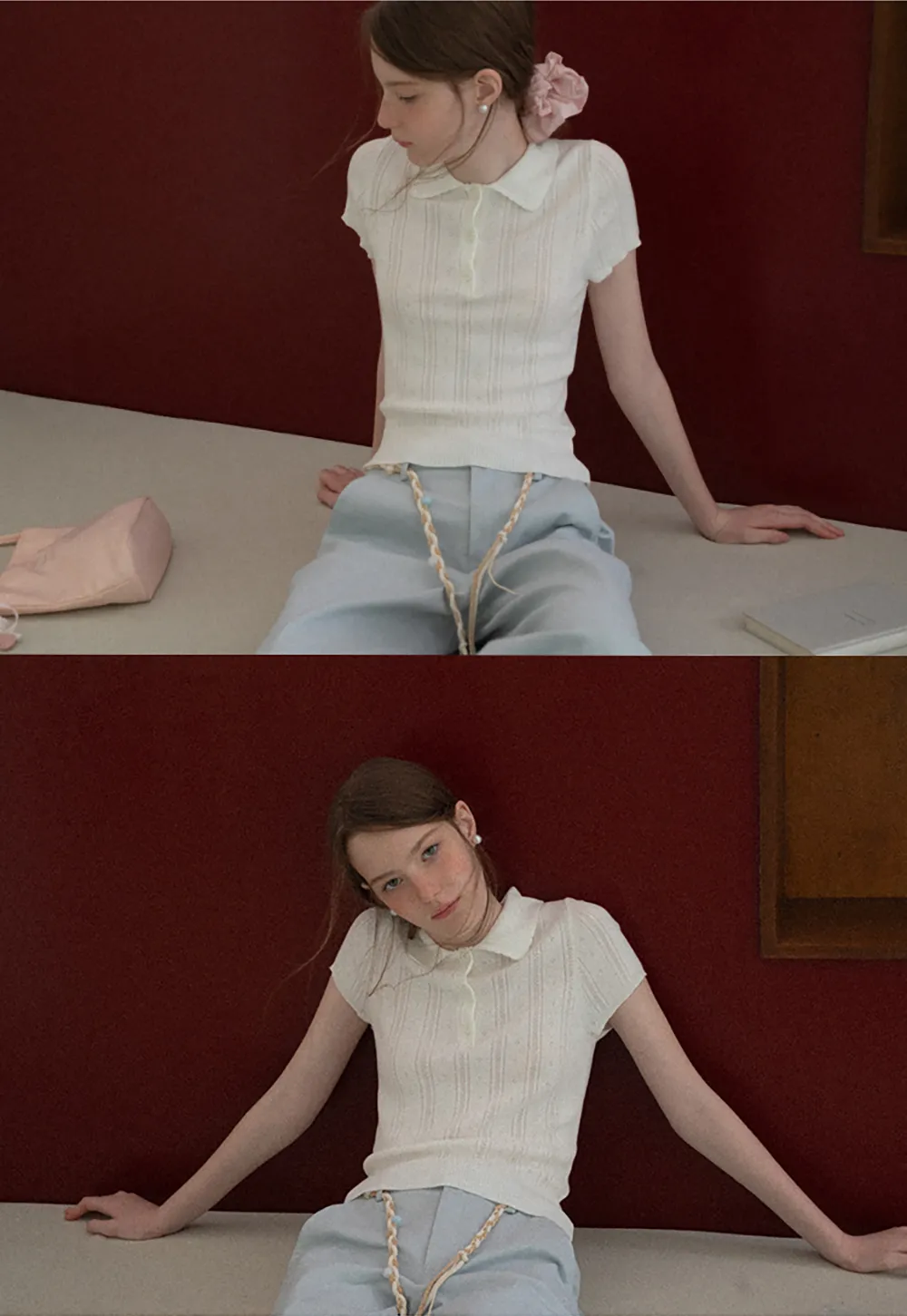 Polo Collar Short Sleeve Ribbed Knit Sweater