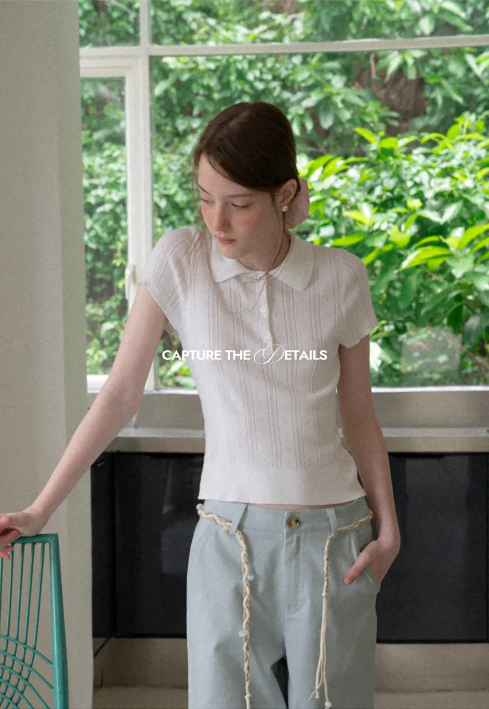 Polo Collar Short Sleeve Ribbed Knit Sweater