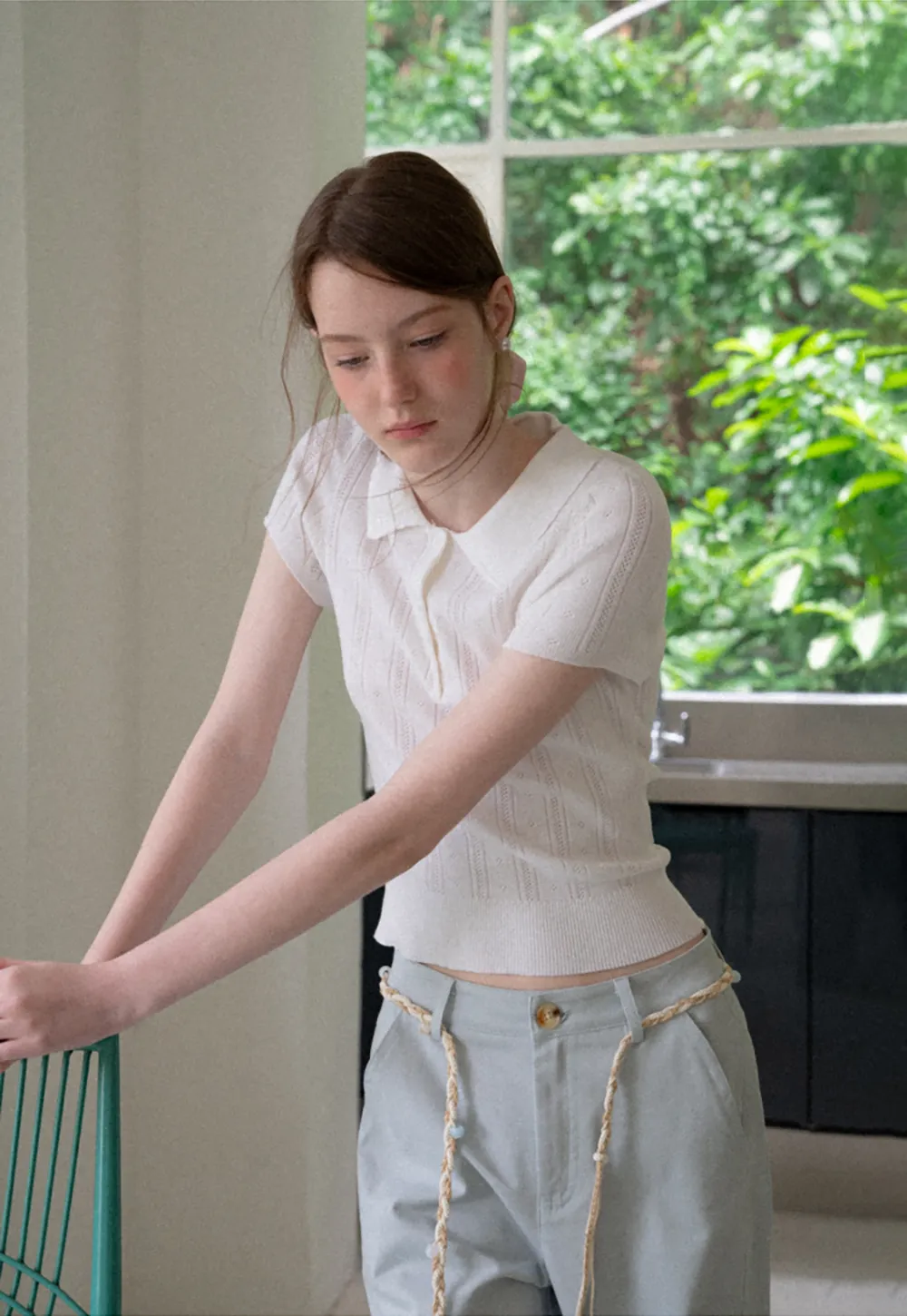 Polo Collar Short Sleeve Ribbed Knit Sweater