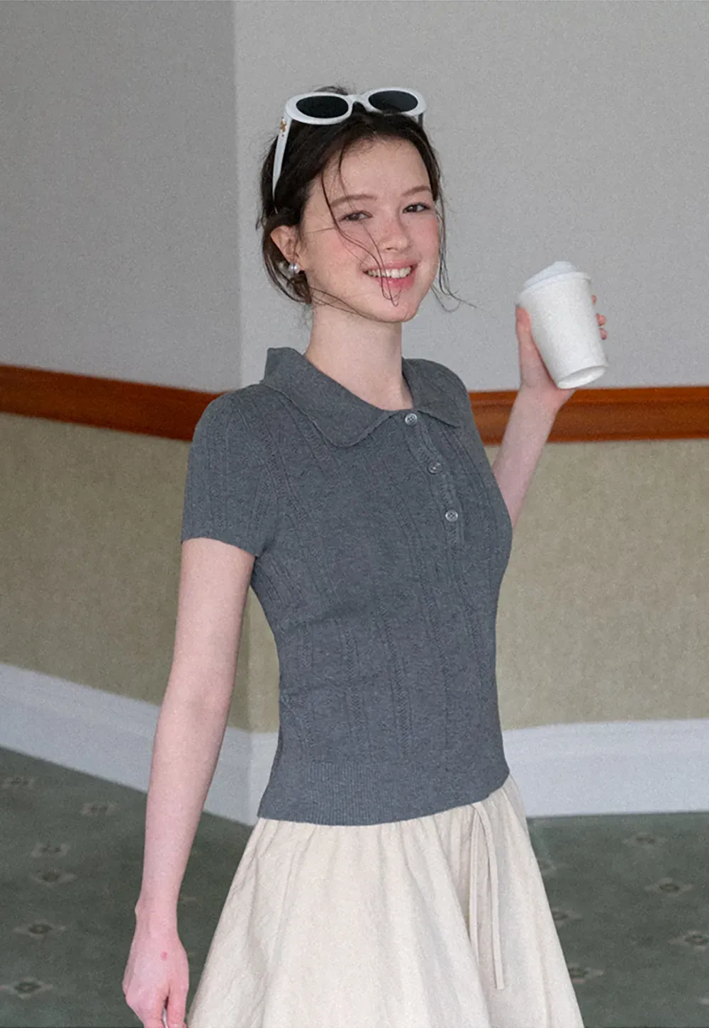 Polo Collar Short Sleeve Ribbed Knit Sweater