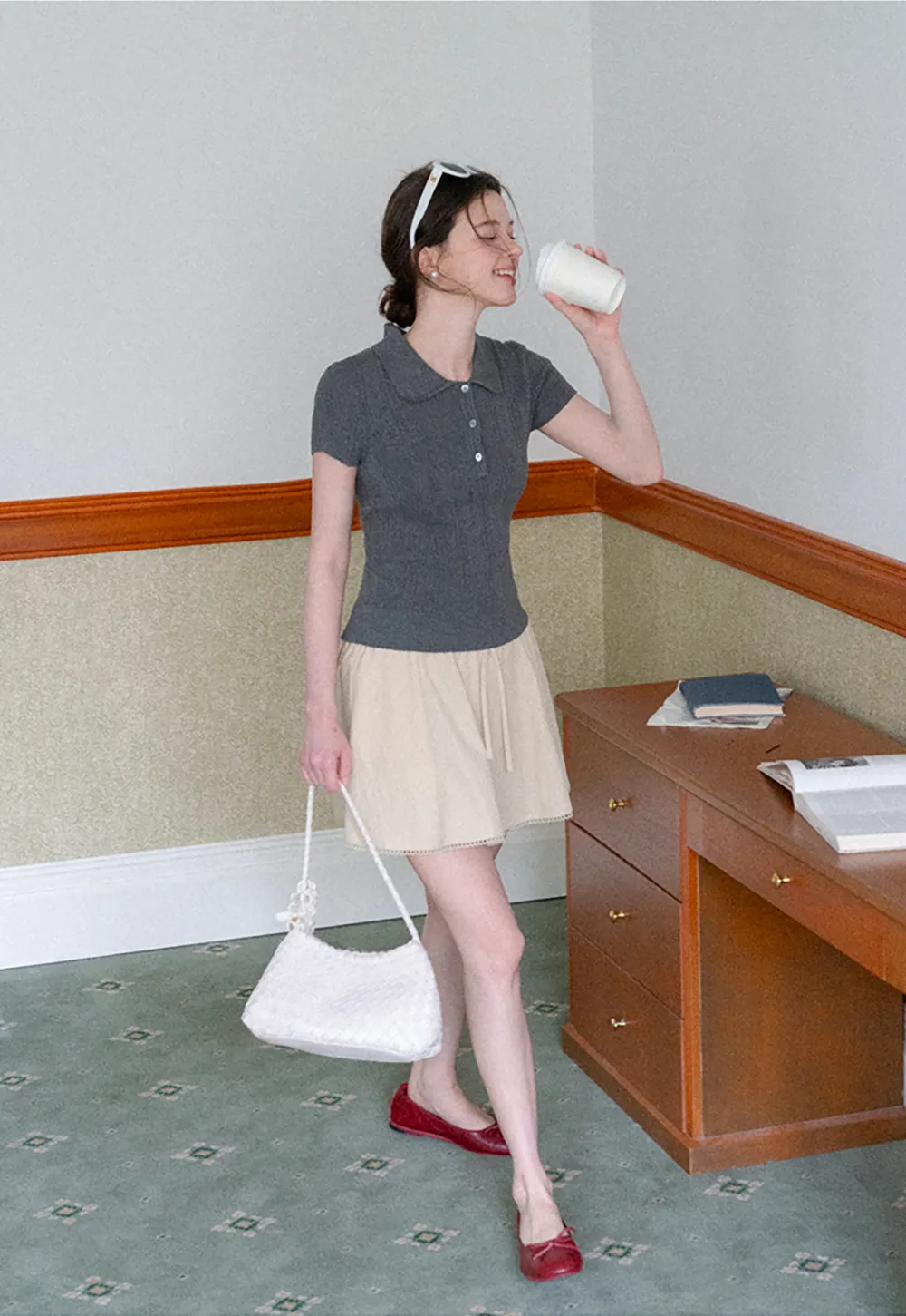 Polo Collar Short Sleeve Ribbed Knit Sweater