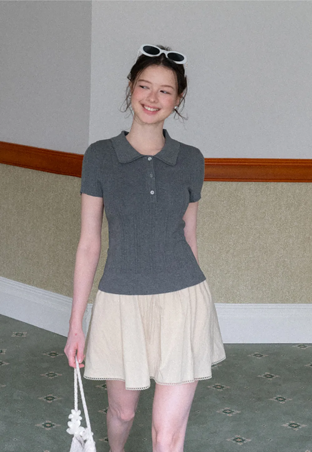 Polo Collar Short Sleeve Ribbed Knit Sweater