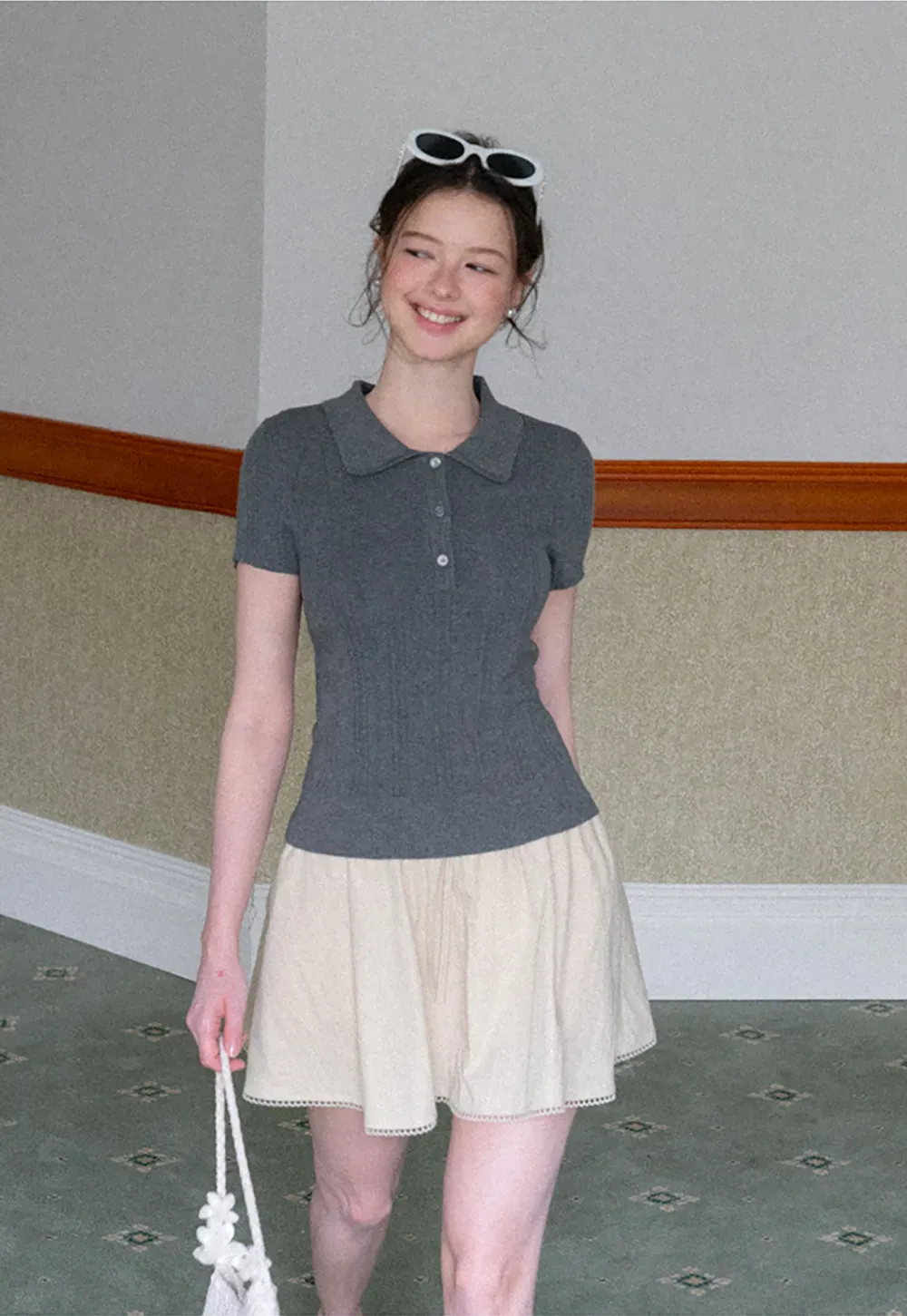 Polo Collar Short Sleeve Ribbed Knit Sweater