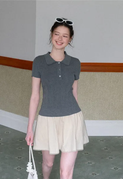 Polo Collar Short Sleeve Ribbed Knit Sweater