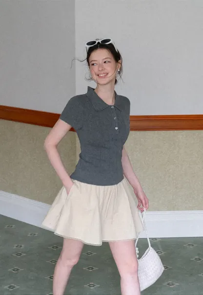 Polo Collar Short Sleeve Ribbed Knit Sweater