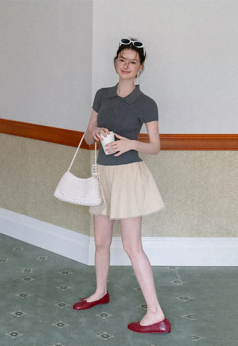 Polo Collar Short Sleeve Ribbed Knit Sweater