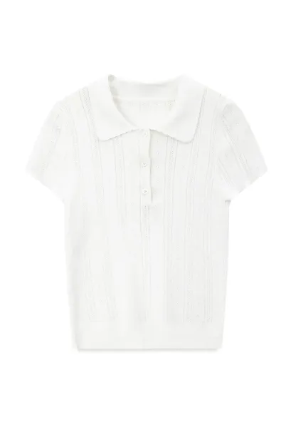 Polo Collar Short Sleeve Ribbed Knit Sweater