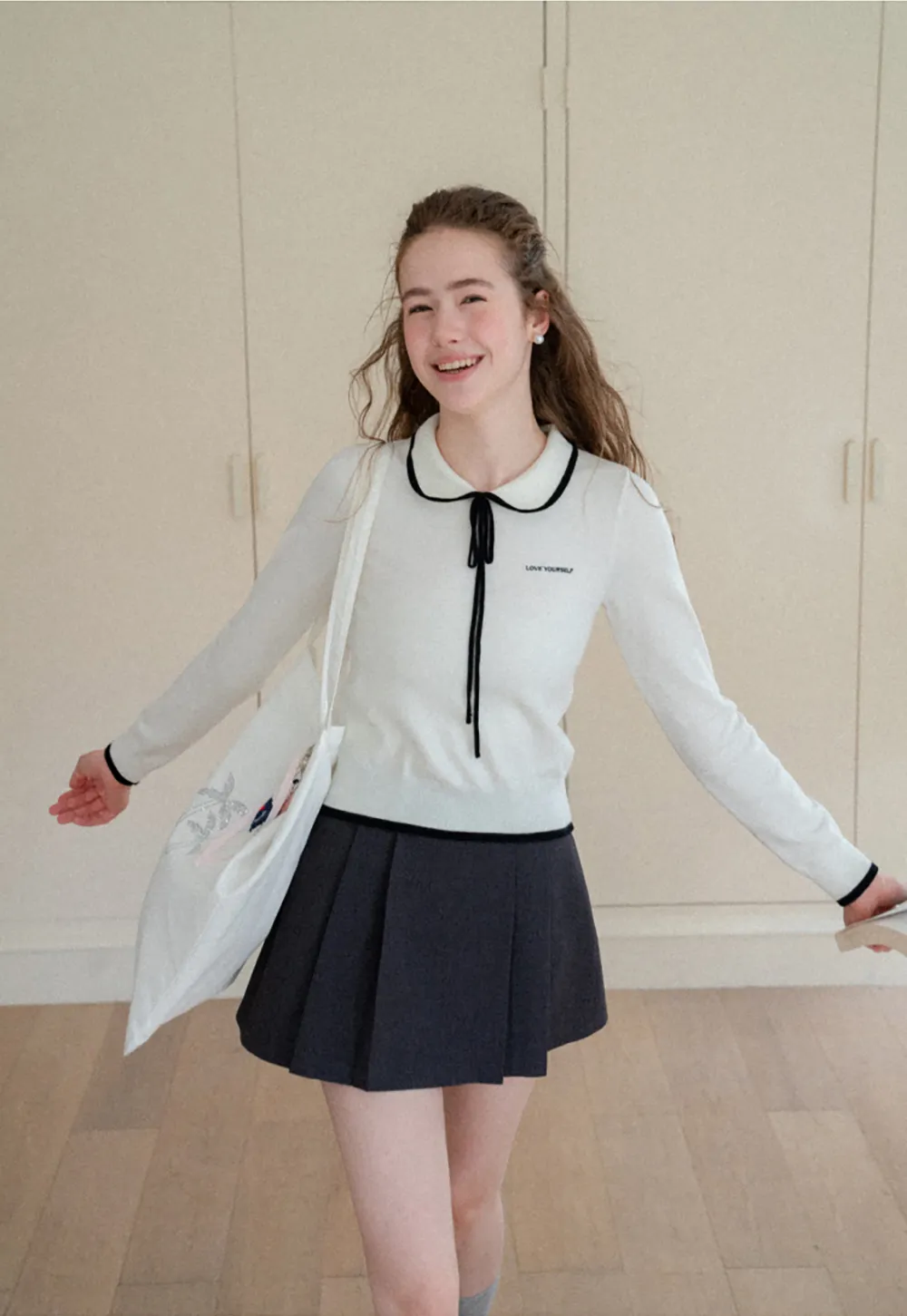 Peter Pan Collar Tie Neck Woolen Knit Sweater
