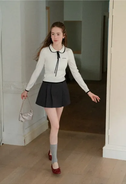 Peter Pan Collar Tie Neck Woolen Knit Sweater