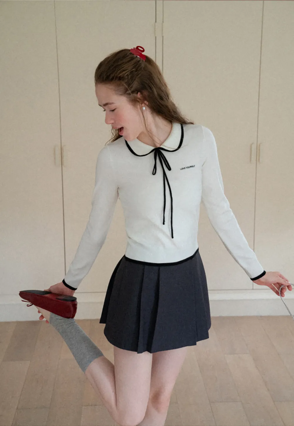 Peter Pan Collar Tie Neck Woolen Knit Sweater