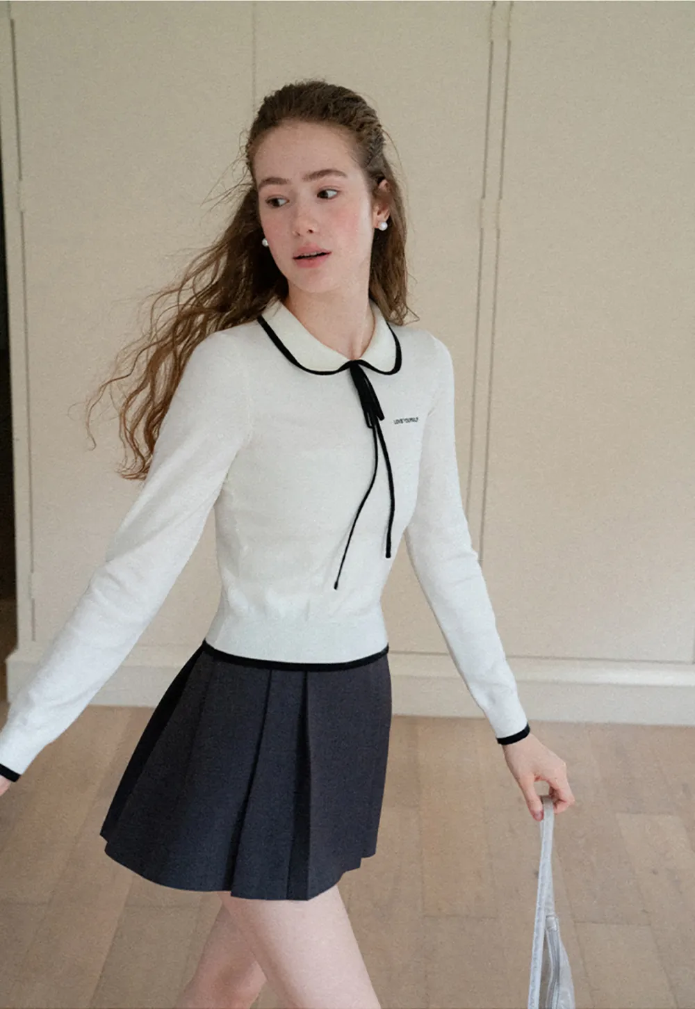 Peter Pan Collar Tie Neck Woolen Knit Sweater
