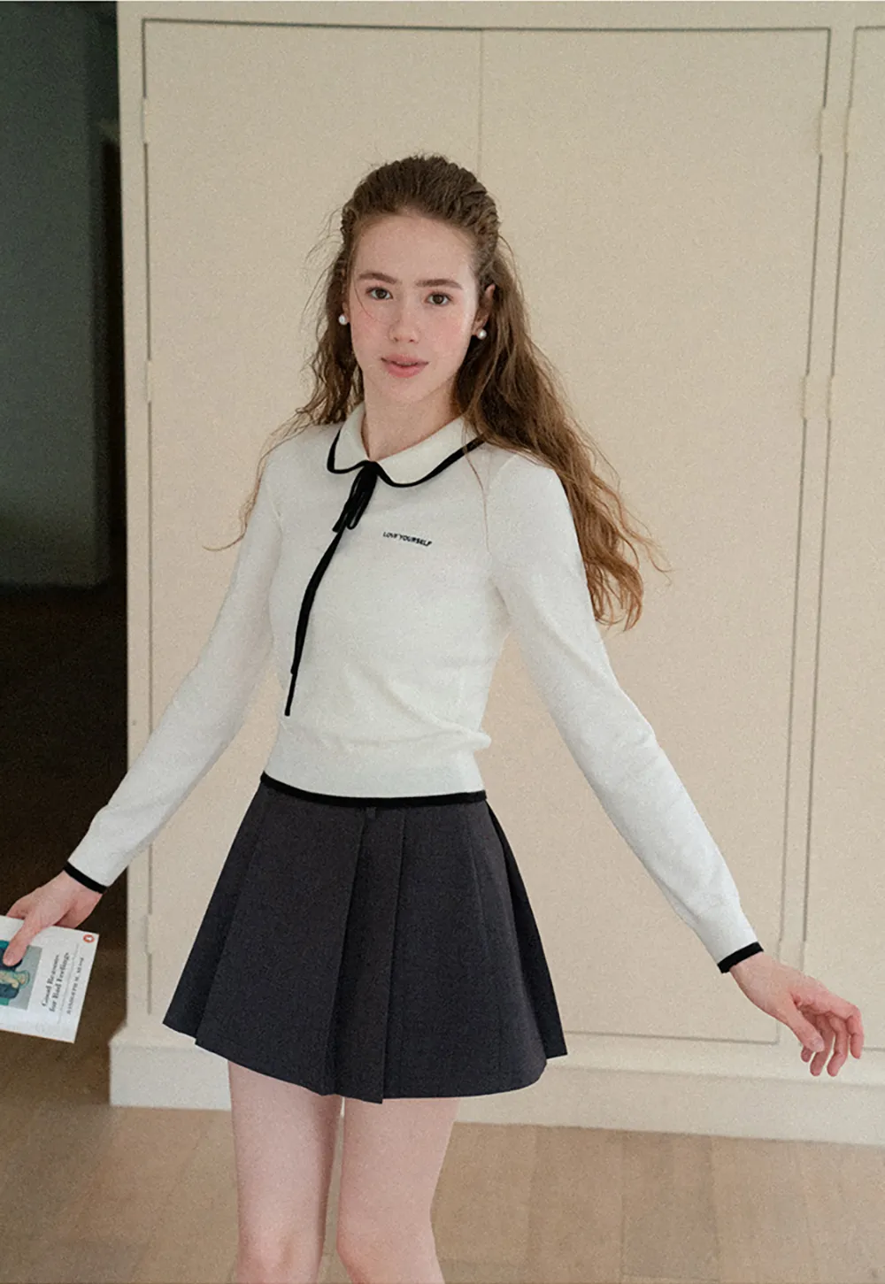 Peter Pan Collar Tie Neck Woolen Knit Sweater