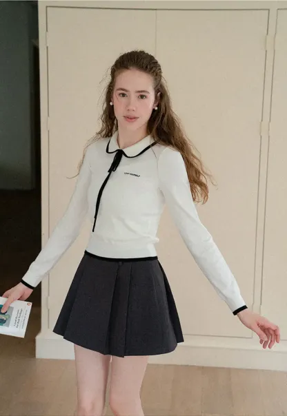 Peter Pan Collar Tie Neck Woolen Knit Sweater