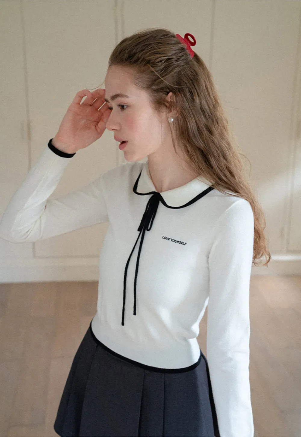 Peter Pan Collar Tie Neck Woolen Knit Sweater