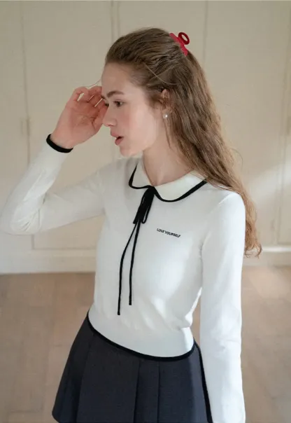 Peter Pan Collar Tie Neck Woolen Knit Sweater