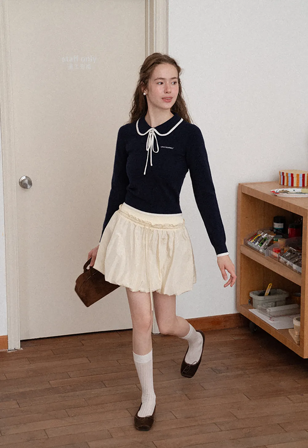 Peter Pan Collar Tie Neck Woolen Knit Sweater