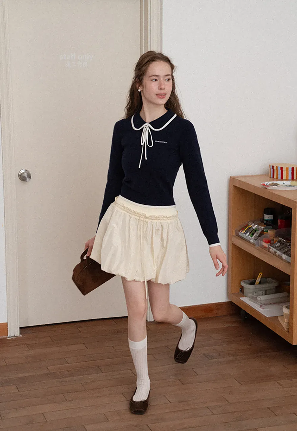 Peter Pan Collar Tie Neck Woolen Knit Sweater
