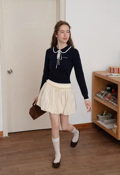 Peter Pan Collar Tie Neck Woolen Knit Sweater