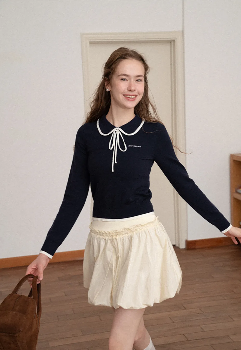 Peter Pan Collar Tie Neck Woolen Knit Sweater