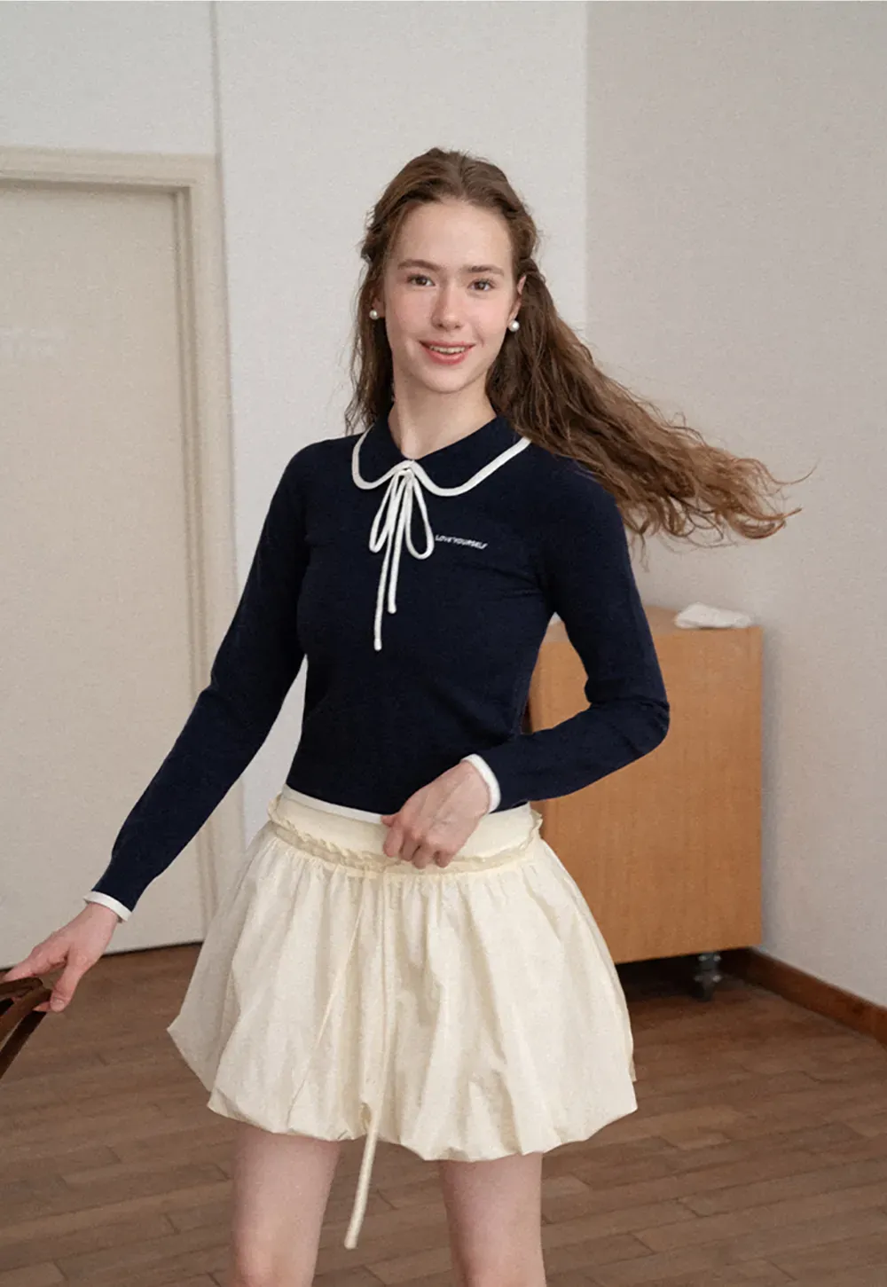 Peter Pan Collar Tie Neck Woolen Knit Sweater