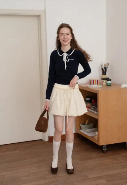 Peter Pan Collar Tie Neck Woolen Knit Sweater