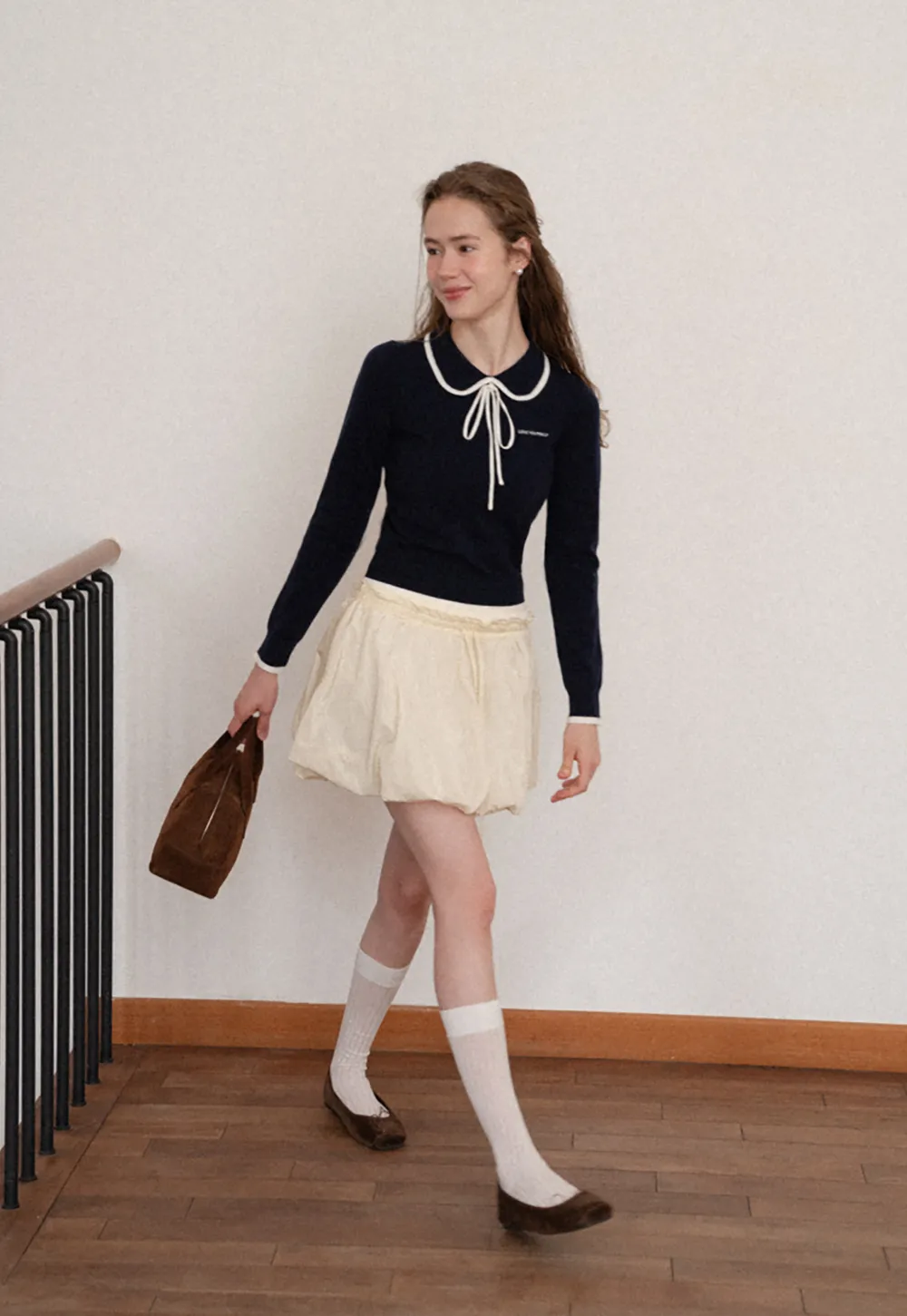 Peter Pan Collar Tie Neck Woolen Knit Sweater