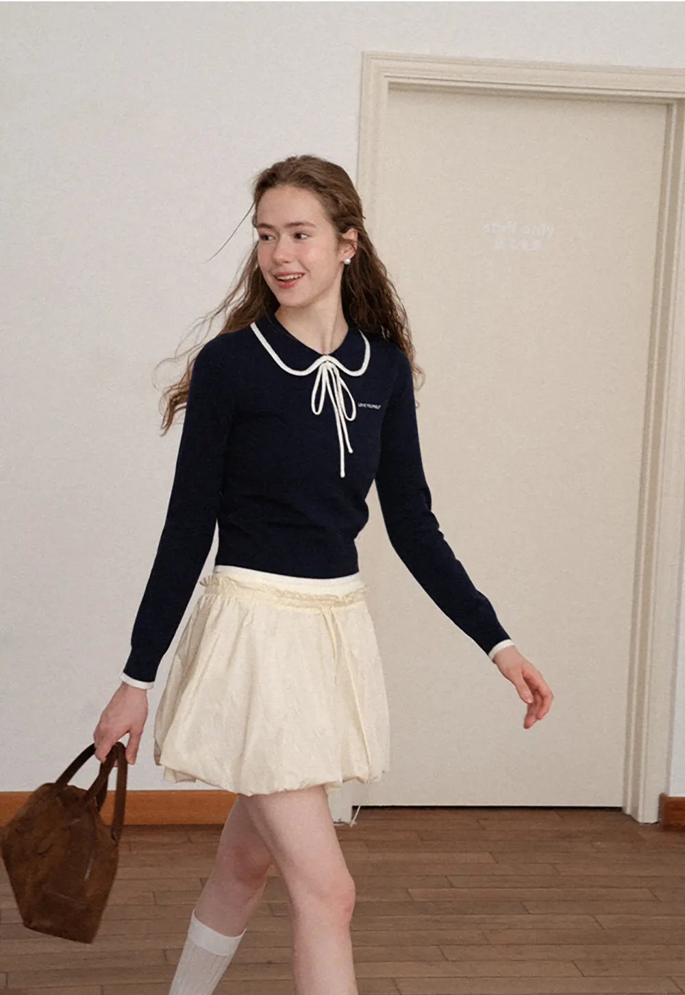 Peter Pan Collar Tie Neck Woolen Knit Sweater