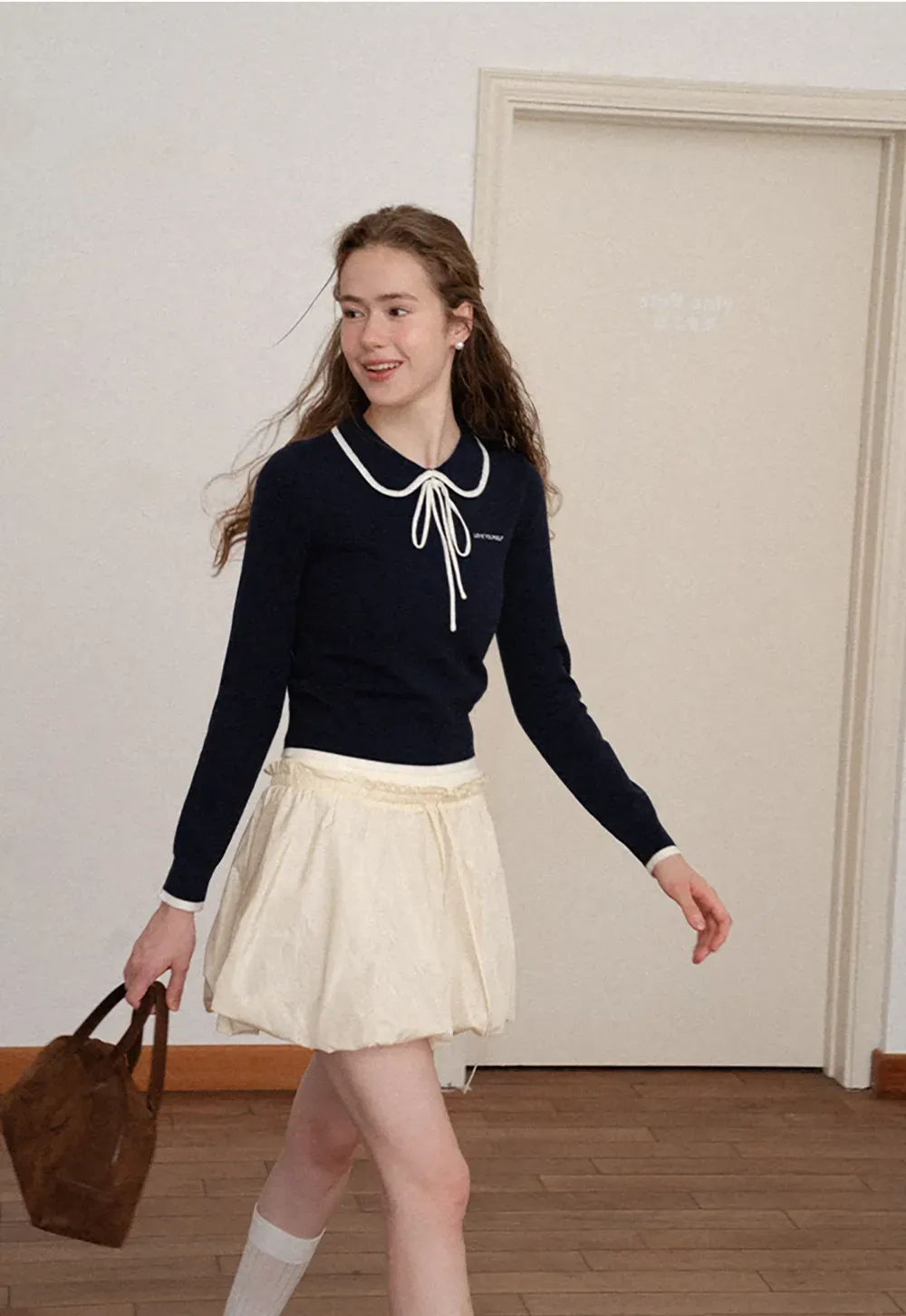 Peter Pan Collar Tie Neck Woolen Knit Sweater
