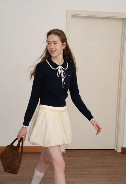 Peter Pan Collar Tie Neck Woolen Knit Sweater