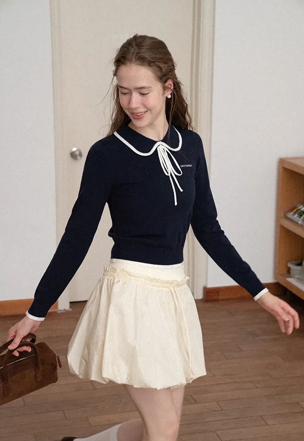 Peter Pan Collar Tie Neck Woolen Knit Sweater