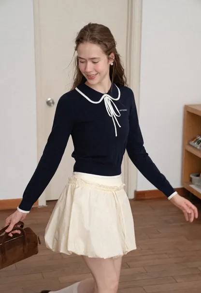 Peter Pan Collar Tie Neck Woolen Knit Sweater